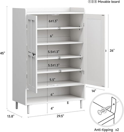 White 7+1 Tier Farmhouse Shoe Storage Cabinet - 45" Tall Entryway Organizer with Cross Molding Doors, 3 Adjustable Shelves & Metal Legs, Shoe Rack for Front Door Entrance
