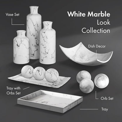 Creative Scents White Marble Look Home Decor Tray and Orb Set Coffee Table Decor for Living Room Centerpiece Table Decorations for Dining Table, Kitchen, Foyer, Entryway Elegant House Decoration