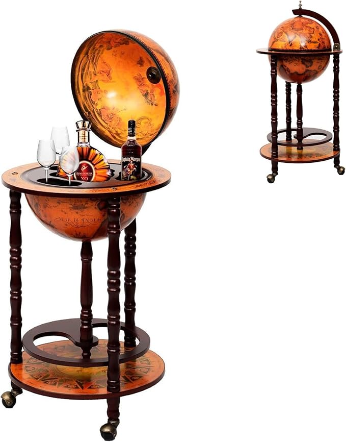 LDAILY 17.5’’ Wood Globe Bar, 16th Century Italian Replica Vintage Bar Cart with Wheels, Wine Cabinet with Liquor Storage, Bottom Shelf & Old World Map, Round Bar Cart for Home (Retro Brown)