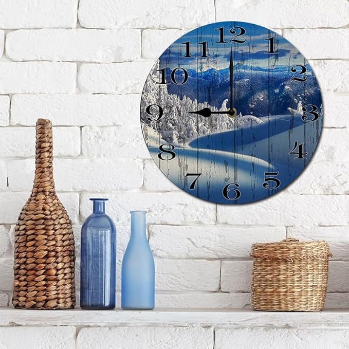 Snow Scene Wall Clock 10 Inch Wooden Battery Operated Autumn Forest Maple Leaves Wall Clocks Decorative Indoor,Decorative for Kitchen Bathroom Bedroom