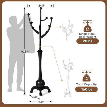 Wooden Coat Rack Freestanding with 8 Hooks, Heavy Duty Coat Hanger Stand with Stable Base, Vintage Coat Tree Standing Coat Racks for Entryway, Hallway, Bedroom (Black)
