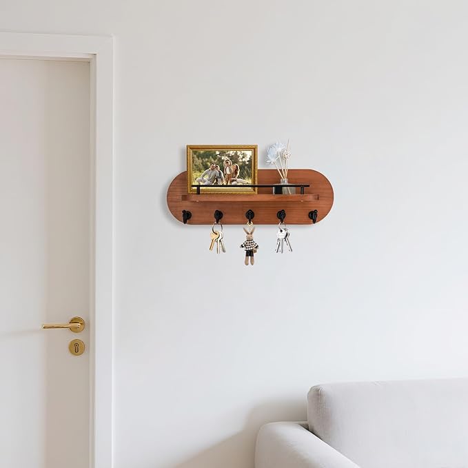 SANY DAYO HOME Key Holder Wall Mount Brown Wood Entryway Rack with 5 Gold Hooks, Metal Shelf Guardrail for Key Organizer, Living Room Decor (Oval, 14" x 5")