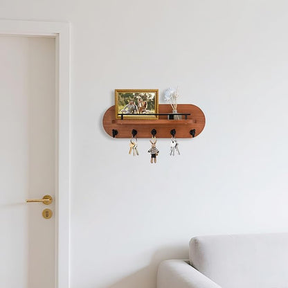 SANY DAYO HOME Key Holder Wall Mount Brown Wood Entryway Rack with 5 Gold Hooks, Metal Shelf Guardrail for Key Organizer, Living Room Decor (Oval, 14" x 5")