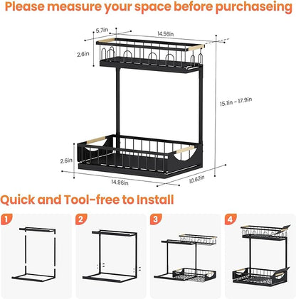 2 Pack 2 Tier Under Sink Organizer and Storage for Bathroom and Kitchen - Under Cabinet Pull Out Shelf Organizers - Sliding Out Drawer Organization for Home Cabinets Shelves and Drawers