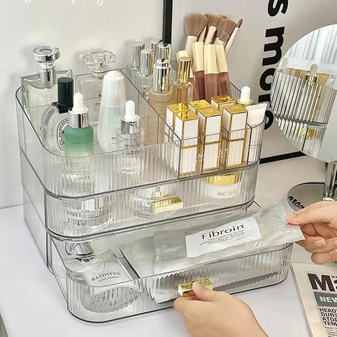 Stackable Makeup Organizer Drawers, Bathroom Vanity Organizers and Storage, Ideal for Desk and Dresser Countertops, Great for Cosmetics, skincare, Lipsticks, Nail Care -Clear