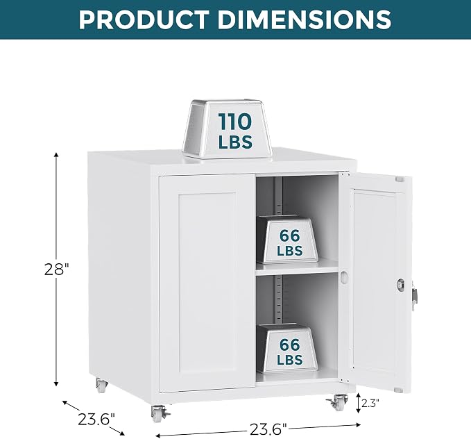 Large Printer Stand with Storage and Lock, 3D Heavy-Duty Printer Cabinet, Printer Table for Home Office with Doors and Adjustable Shelves, for Office Copier and Fax Machine, White