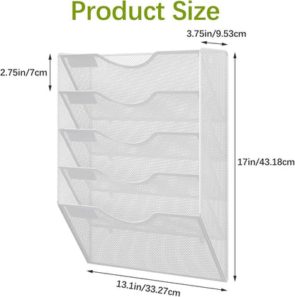 EasyPAG Wall File Organizer 5 Tier Hanging Paper Folder Holder, Zero Assembly Metal Mesh Wall Mounted Mail Organizer for Office Home Classroom Narrow Spaces, White