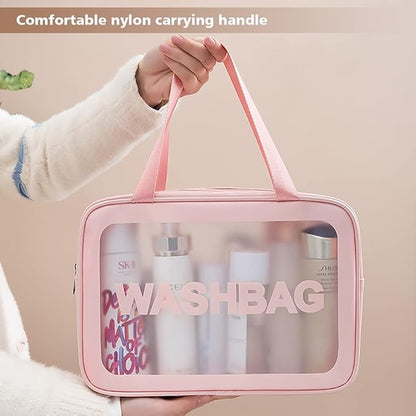 Travel Toiletry Bag for Women, Matte Translucent Toiletry Bag with Handy Handle, Makeup Cosmetic Organizer Bag for Travel Toiletries Accessories (Pink)