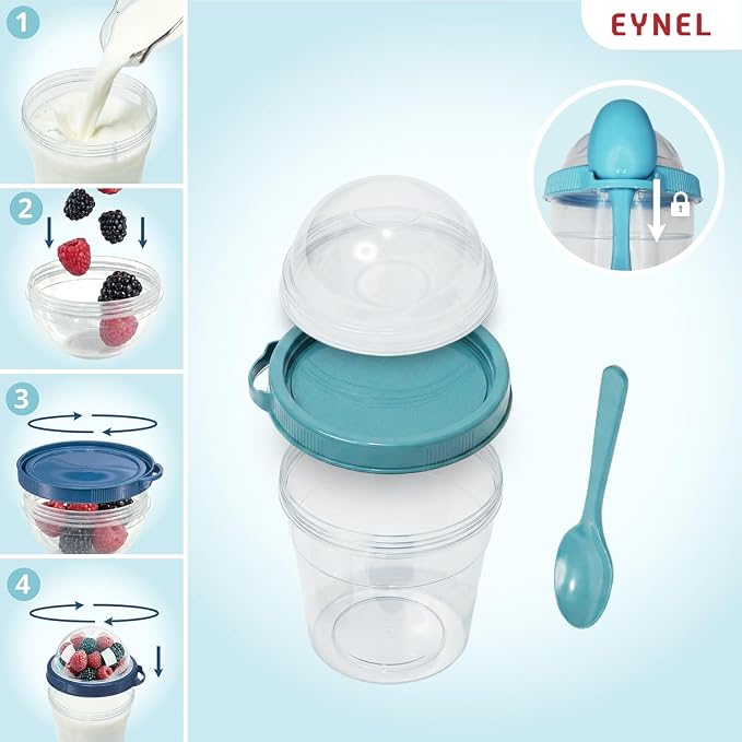 4 Pack 17 oz Small Breakfast On The Go Yogurt Parfait Cups, Reusable Plastic Containers with Lids and Spoons, Perfect Jars for Overnight Oats Cereal Granola Oatmeal (5 Colors)