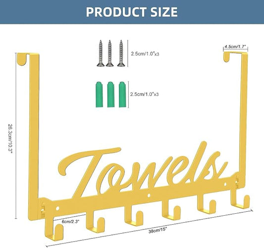 Azmoncy Over The Door Hooks, Towel Hook Towel Rack for Bathroom Towel Holder for Hanging Heavy Duty, Wall Mount Towel Hanger with 6 Hooks for Bedroom Bathroom Kitchen Towels, Bag, Coats, Hats(Gold)