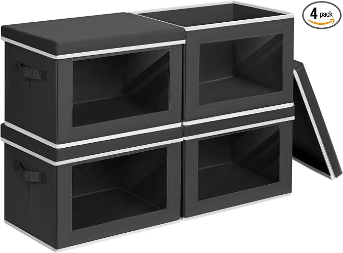 Homsorout Foldable Storage Box with Lid - Closet Storage Organizer with Window, Storage Bins with Lids for Clothes, Fabric Storage Baskets for Shelves, Bedroom, Dorm, Black, 4 Pack