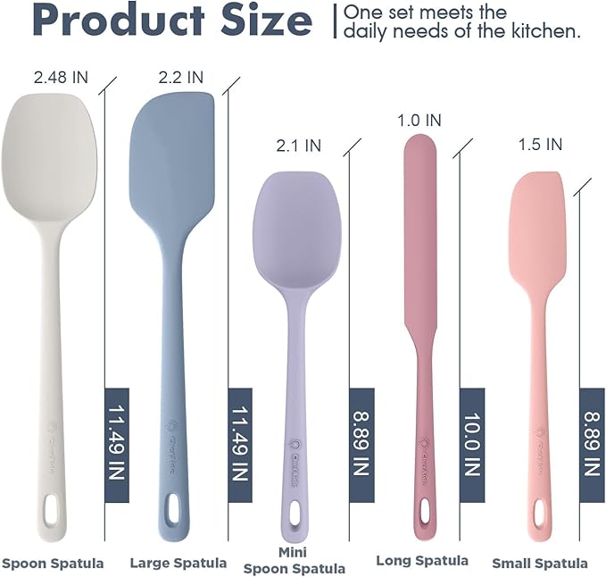 ChefAide 5 Pieces Silicone Spatula Set, Food Grade Rubber Spatula, Upgrade Strong Handle with Ergonomic Grip, Heat Resistant Up to 600°F for Nonstick Cookware, Cooking