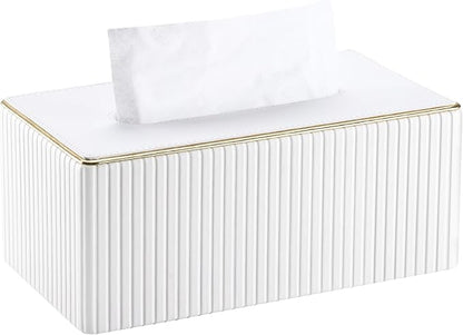 KINGFOM Rectangular Tissue Box Cover, PU Leather Tissue Box Holder with Magnetic Bottom, Napkin & Facial Tissue Holder Dispenser Decorative Box Cover for 120-count (3-Ply) 160-count (2-Ply) White