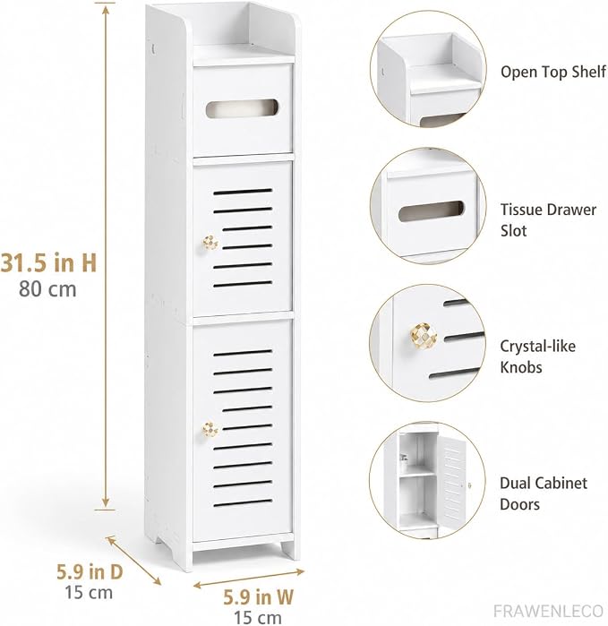 Toilet Paper Holder Stand with Storage Cabinet, Slim Floor Standing Shelf, White, 5.9" D x 5.9" W x 31.5" H, for Small Bathroom Spaces