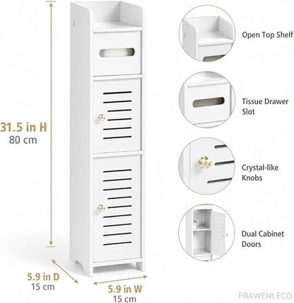 Toilet Paper Holder Stand with Storage Cabinet, Slim Floor Standing Shelf, White, 5.9" D x 5.9" W x 31.5" H, for Small Bathroom Spaces