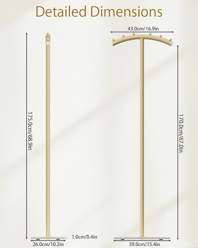 Arcuate Garment Rack, T-shaped Coat Tree Freestanding, Metal Coat Racks, Natural Stable Rock Base, Suitable For Entrances, Corridors, Halls, 68.9in, Gold