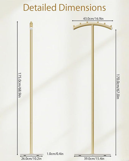 Arcuate Garment Rack, T-shaped Coat Tree Freestanding, Metal Coat Racks, Natural Stable Rock Base, Suitable For Entrances, Corridors, Halls, 68.9in, Gold
