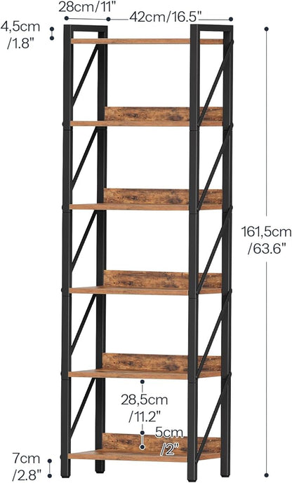 HOOBRO Bookshelf, 6-Tier Industrial Bookcase, Book Shelf Storage Organizer, Tall Bookshelf with Metal Frame for Living Room, Bedroom, Home Office, Kitchen, Rustic Brown and Black BF72SJ01