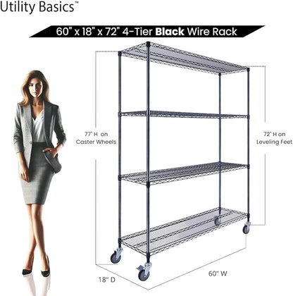 Utility Basics NSF Commercial 4-Tier Wire Shelving with Wheels, 60"x18"x72" Heavy Duty Metal Shelves 3200 lbs Max Capacity, Black Storage Rack for Garage Kitchen Pantry Warehouse