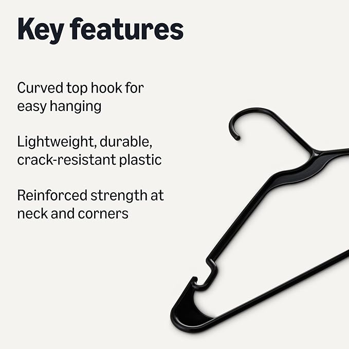 Amazon Basics Plastic Clothes Hangers, Adult Size, Black, Pack of 50