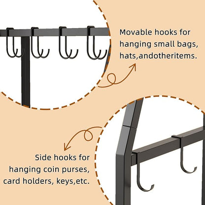 3-Tier Purse Rack Stand with 8 Hooks - Tall Narrow Purse Organizer for Entryway/Closet Organization, Bag Organizer for Various Bags (Rustic Brown)