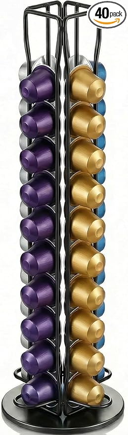 Coffee Pod Holder for Nespresso OriginalLine Capsules, 40 Capacity Rotating Carousel Coffee Pods Organizer, 360 Spinning Coffee Station Storage Rack, Metal Coffee Pod Stand for Kitchen (Black)