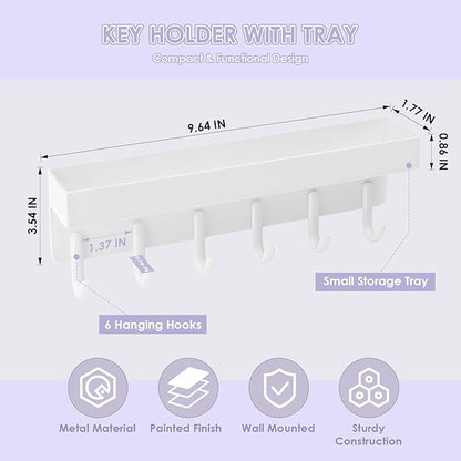 VIS'V Key Holder Wall Mount, Compact Adhesive Key Rack with Tray, 6 Hooks, 2 Mount Options, White