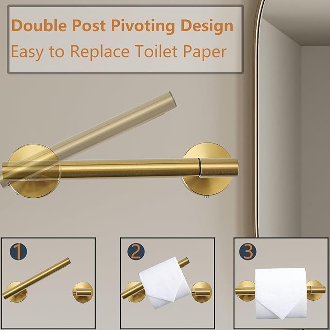 Toilet Paper Holder, Double Post Pivoting Design, Stainless Steel Rustproof Bathroom Tissue Holder, Wall Mount Fits Mega Rolls, for Home, RV, Commercial Bathroom Brushed Gold