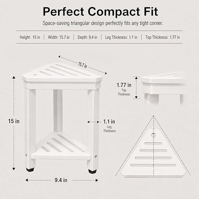 Shower Foot Rest 15 in, Acacia Shower Stool for Shaving Legs,Corner Bath Shower Bench with Starage Shelf for Inside Small Shower Spaces - White