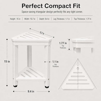 Shower Foot Rest 15 in, Acacia Shower Stool for Shaving Legs,Corner Bath Shower Bench with Starage Shelf for Inside Small Shower Spaces - White