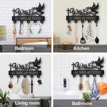 MAYJOYDIY Wood Christian Text Key Hook Inspirational Text Key Holder for Wall 11.8×7.8inch Dove of Peace Cross Black Key Hanger with 5 Alloy Hooks for Entryway Bedroom Home Decor