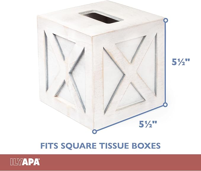 Ilyapa Wood Tissue Box Cover Farmhouse X Patterned- Rustic Farmhouse White Wood Tissue Holder