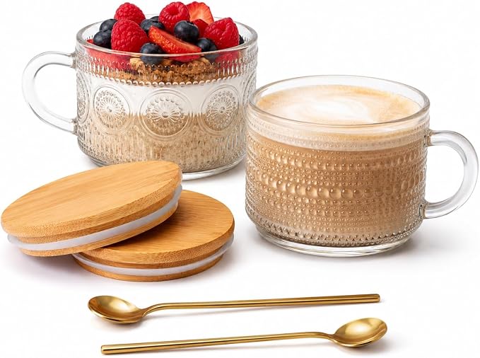 Semderm Vintage Glass Coffee Mugs Set of 2, Overnight Oats Containers with Bamboo Lids and Spoons - 14oz Clear Tea Cups for Cappuccino Latte Americano Cereal Yogurt Beverage