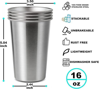 4 Pack 16oz Stainless Steel Pint Cup,Healthy Unbreakable and Stackable,Metal Drinking Glasses
