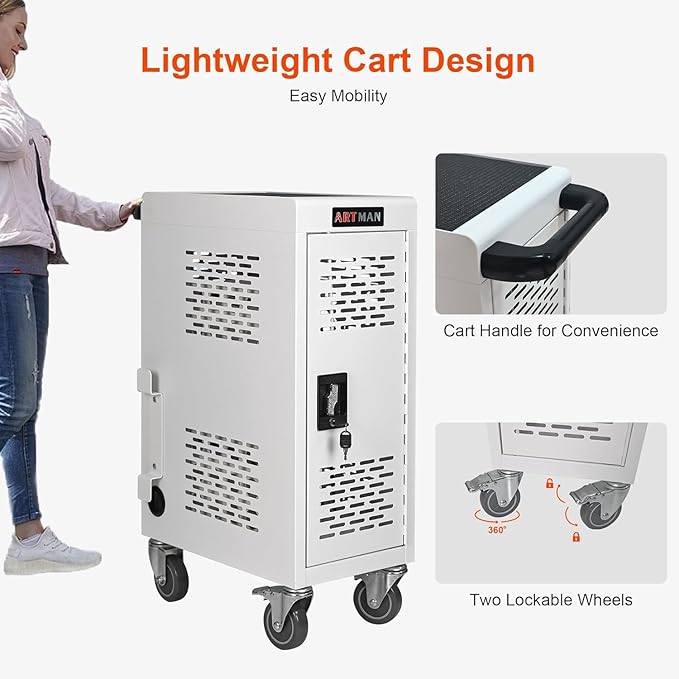 Aokleo 16 Devices Laptop Charging Cart,Tablet Storage Carts for pad Up to 16.3" Screen Size, Classroom Computer Mobile Charging Station for Pads, Chromebooks,Laptops, Security Storage(16 Bay-White)