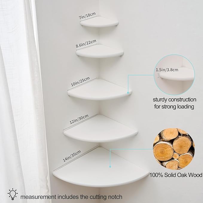 Conamily Corner Shelf, White Solid Oak Wood Floating Corner Shelves Wall Mount Round End Floating Speaker Rack Display Shelf for Small Plant Photo Frame (White, 7in)