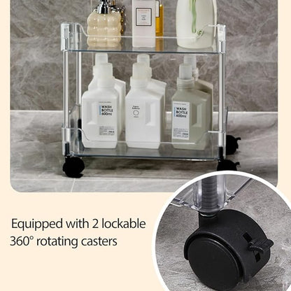 Betoveren 2 Tier Utility Rolling Cart Storage Organizer with Wheels Under Desk Mobile Bathroom Cart Organizer for Office Bathroom Home Kitchen Organization Transparent (Width 8.85 Inches)