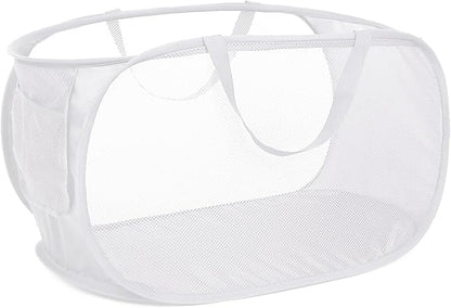 Strong Mesh Pop Up Laundry Basket, Collapsible Laundry Hamper with Side Pocket, Foldable Clothes Pop Up Hamper with Durable Reinforced Handles for Laundry, Bathroom, Kids Room, Dorm or Travel White