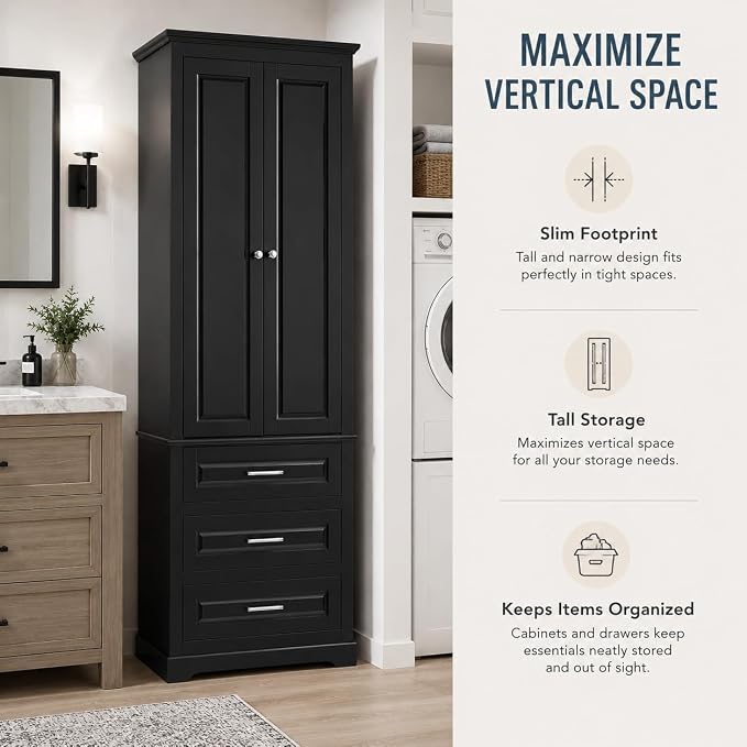 Storage Cabinet, Tall Bathroom Cabinet with Adjustable Shelf | Tall storage cabinet, upper enclosed cabinet and 3 pull-out compartments keep daily essentials organized