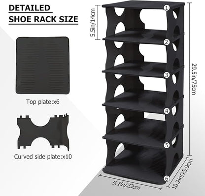6-Tier Thickened Shoe Rack, Stackable Storage Organizer for Bedroom Entry, Adjustable Rack, Shoe Slots Shelf, Easy Tower Rack, Black