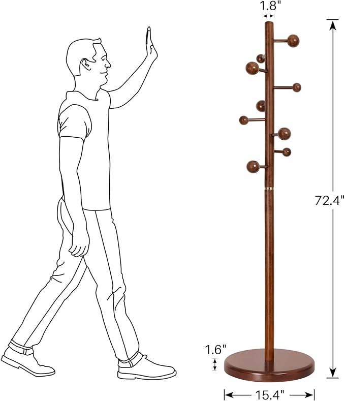 Coat Rack Stand Solid Wooden Coat Tree with 9 Cute Ball Hooks, 72.4" Heavy Duty Coat Rack Freestanding with Round Base, Rubberwood Coat Hanger Stand for Hallway, Entryway Bedroom (Walnut)