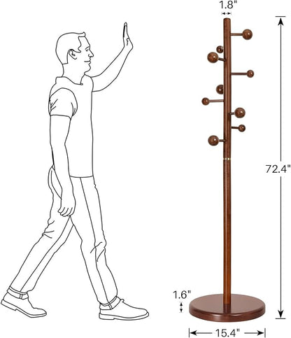 Coat Rack Stand Solid Wooden Coat Tree with 9 Cute Ball Hooks, 72.4" Heavy Duty Coat Rack Freestanding with Round Base, Rubberwood Coat Hanger Stand for Hallway, Entryway Bedroom (Walnut)