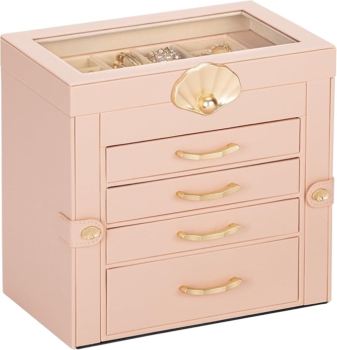 Jewelry Box with 4 Drawers : Display Organizer for Earrings Necklaces - Christmas Gifts for Girls Women (Peach Pink)