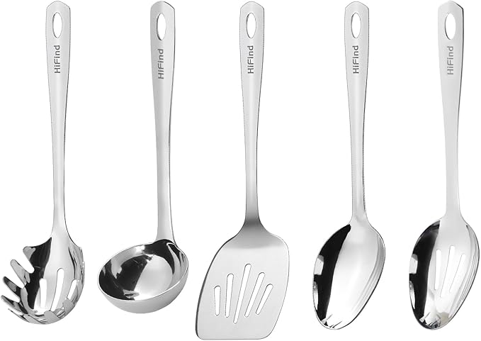 HIFIND Stainless Steel Cooking Utensils Set, 5PCS Kitchen Utensils Set, Durable Kitchen Gadgets, Ladle, Slotted Turner, Slotted Serving Spoon, Solid Serving Spoon, Pasta Fork