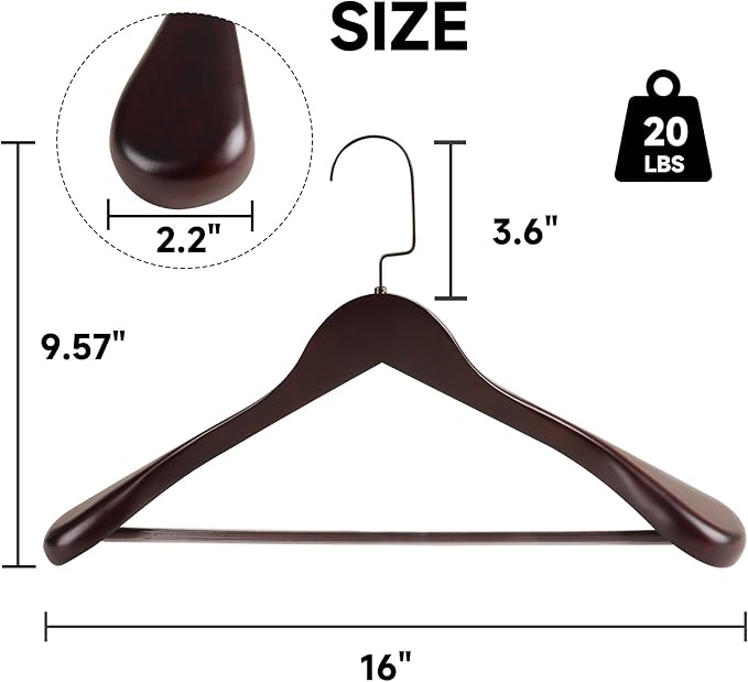16-Inch Wooden Suit Hangers with Non Slip Pants Bar, 6-Pack Wood Extra-Wide Shoulder Hangers, Flat-Head Hook Hangers for Suits, Coats, Jackets, Shirts, Pants, and Heavy Clothes (Dark Cherry)