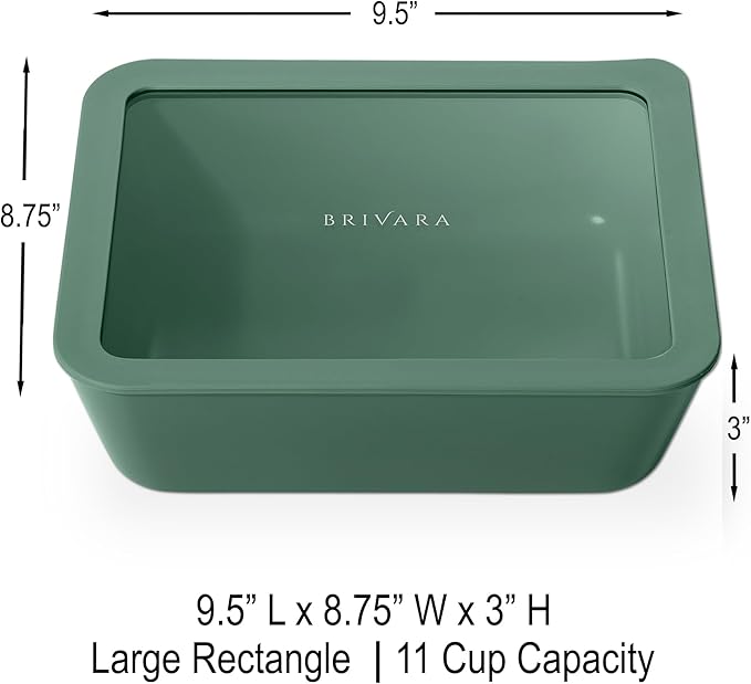 BRIVARA HOME Ceramic Coated Glass Food Storage Container | No PTFE, PFOA, PFAS, and BPA | Reusable Non Toxic Meal Prep Container with Glass Lid | Easy To Store | 11 Cup Rectangle [Pine]