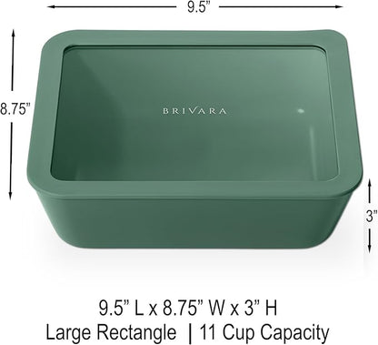 BRIVARA HOME Ceramic Coated Glass Food Storage Container | No PTFE, PFOA, PFAS, and BPA | Reusable Non Toxic Meal Prep Container with Glass Lid | Easy To Store | 11 Cup Rectangle [Pine]