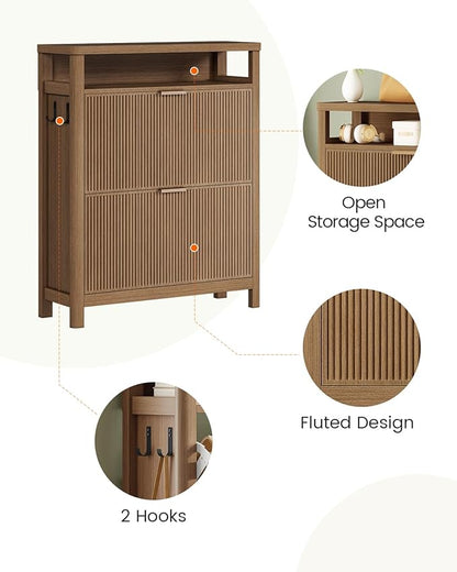 AOGLLATI Shoe Cabinet Storage,Narrow Fluted Shoe Rack Cabinet with 2 Flip Drawers, Wooden Freestanding Organizer with Open Storage Space for Entryway,Wood (Wood)
