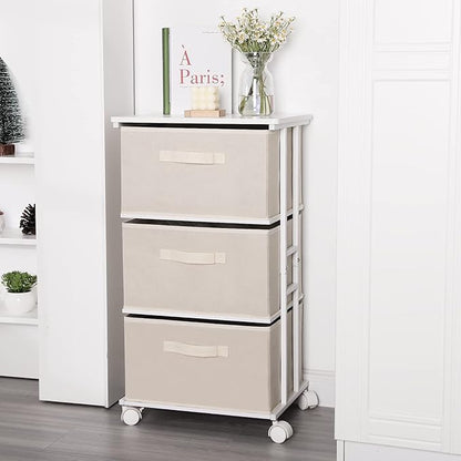 MAX Houser Dresser Tower with 3 Drawers for Bedroom, Fabric Storage Organizer Unit, Chest of Drawers with with WoodTop, Small Vertical Storage for Guest Room, Closet, Entryway(Beige)