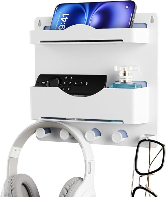 Bedside Wall Shelf with Glasses Hooks, Adhesive Bedside Organizer Wall Mount for Dorm and Room Accessories Phone，Remote，Earphone， Kindle (White)